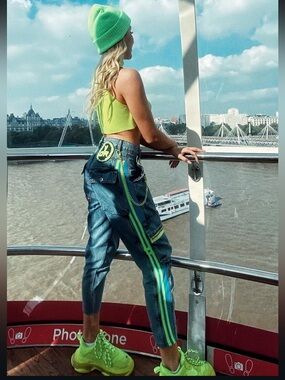 Neon Green Stripe Cargo Jeans for Women